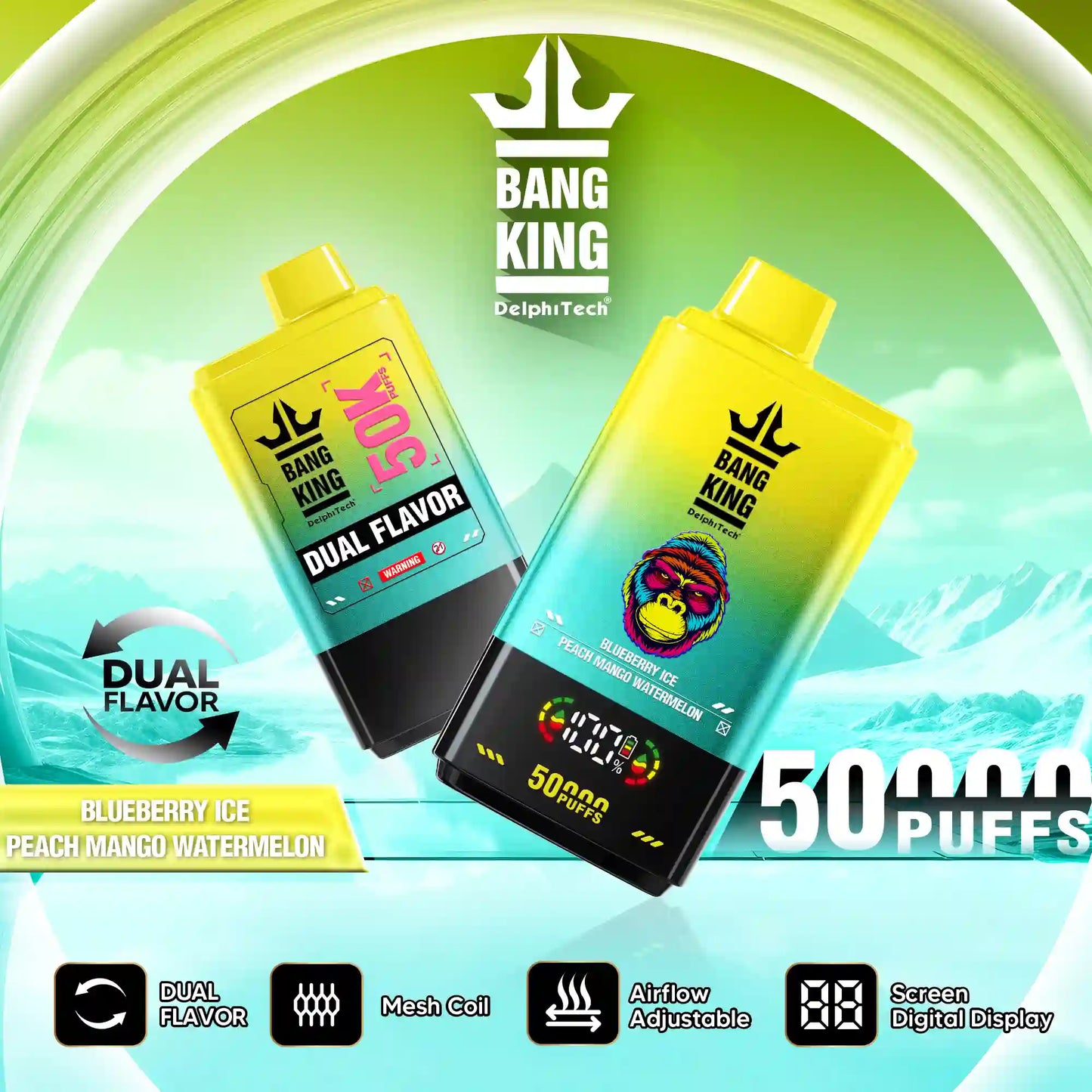 BANG KING DelphiTech® 2in1 50000 PUFFS 03 ブルーベリーアイス/ピーチマンゴーウォーターメロン(Blueberry Ice/Peach Mango Watermelon)