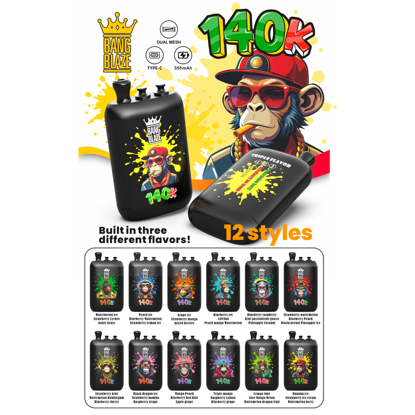 BANG BLAZE 3in1 140K(140000) PUFFS ⑫バナナアイス/ストロベリーアイスクリーム/スイカベリー