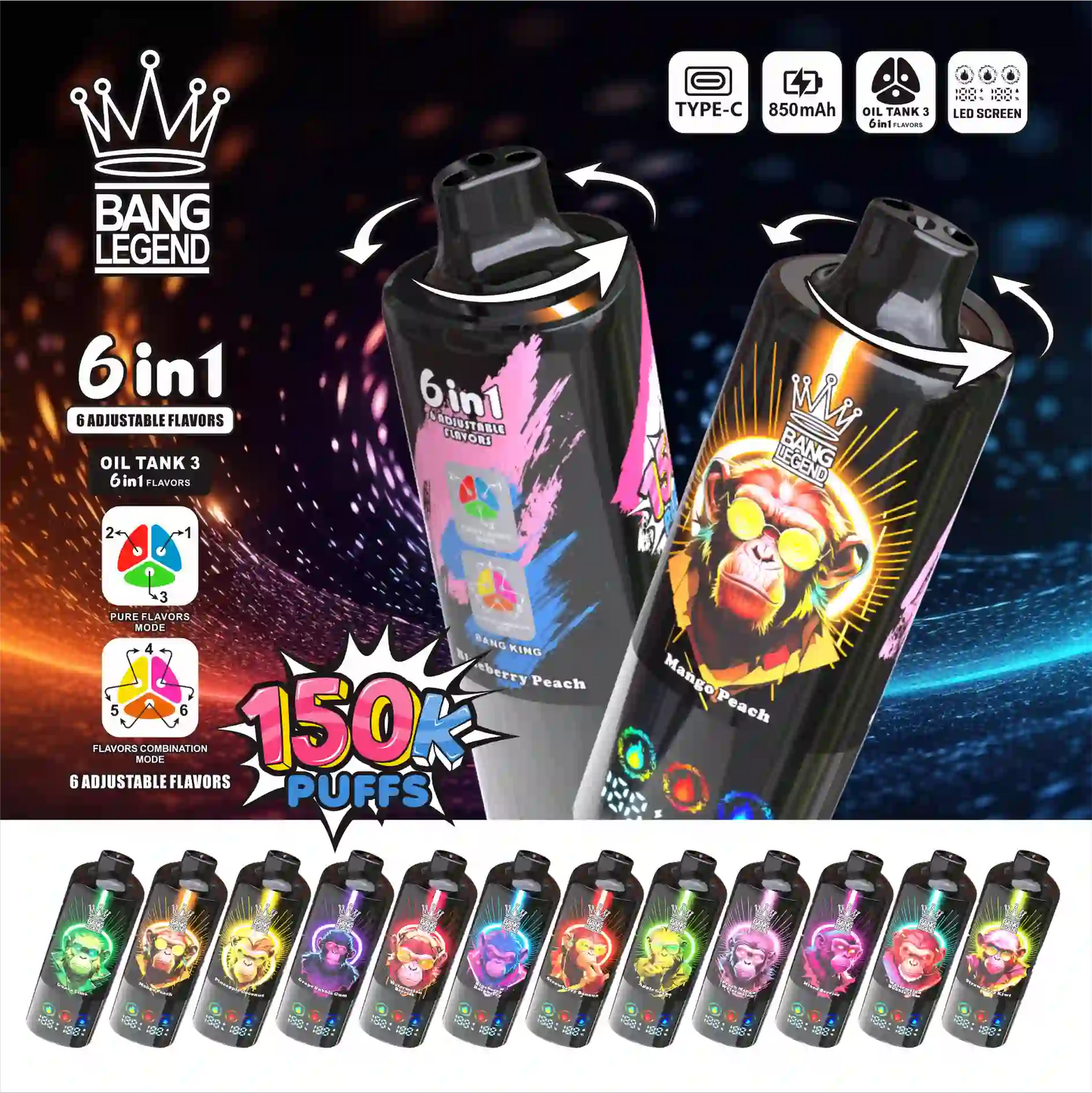 BANG LEGEND 6in1 150K(150000) PUFFS ①ピーチアイス/マンゴーピーチ/ブルーベリーピーチ