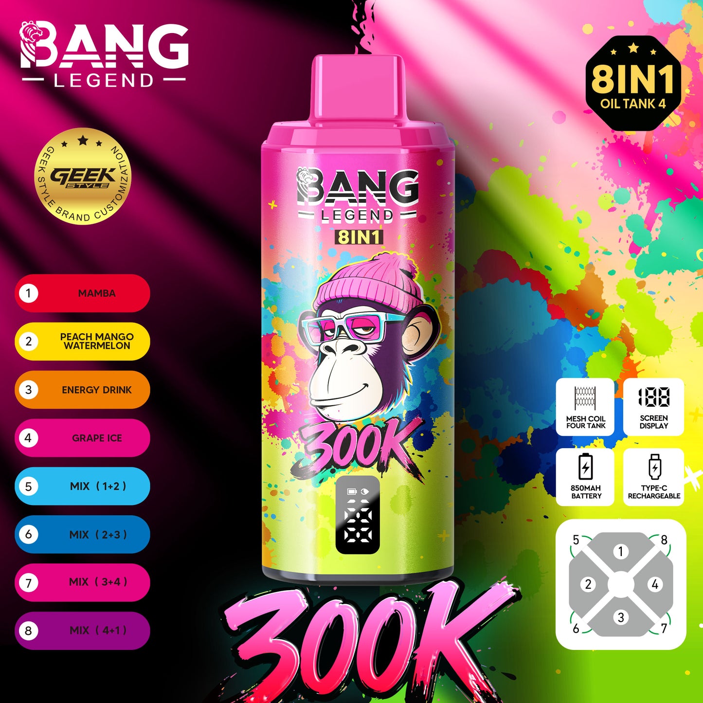 BANG LEGEND 8in1 300K(300000) PUFFS ①マンバ/ピーチマンゴースイカ/エナジードリンク/グレープアイス