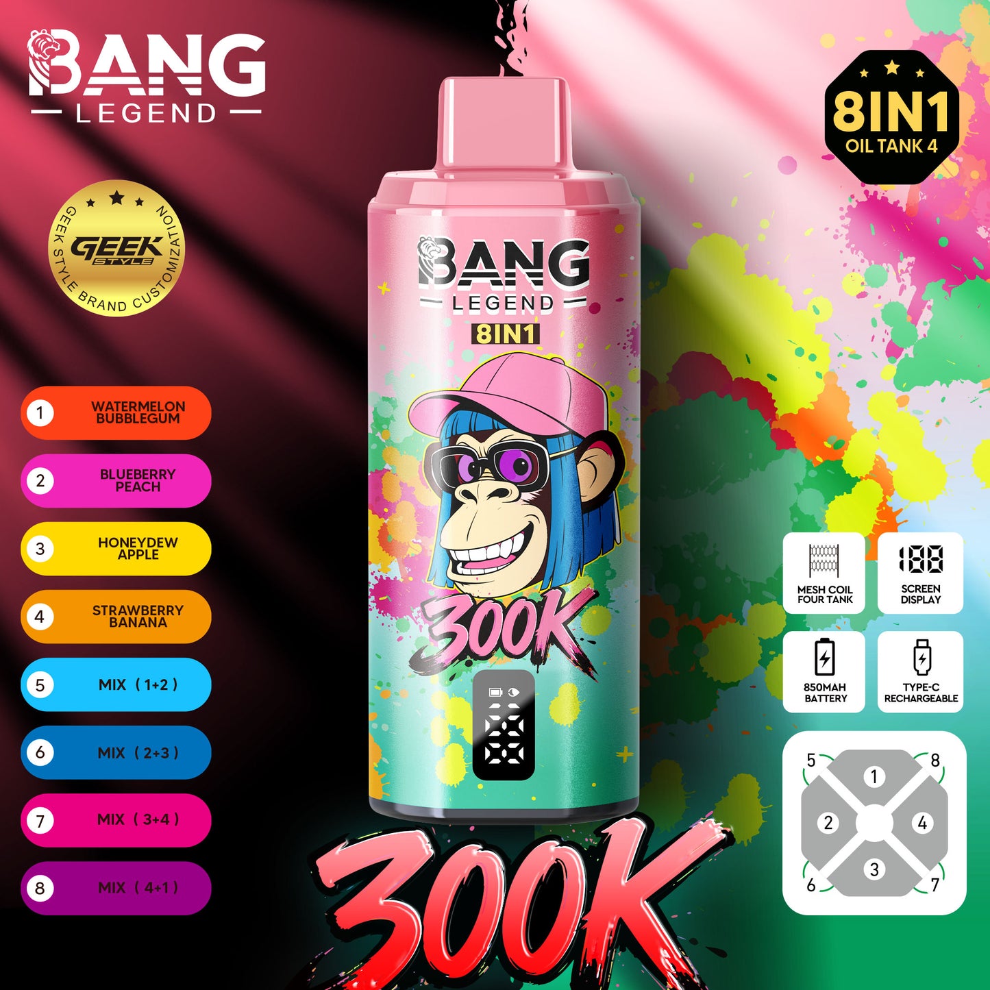 BANG LEGEND 8in1 300K(300000) PUFFS ⑪スイカバブルガム/ブルーベリーピーチ/ハニーデューメロンアップル/ストロベリーバナナ