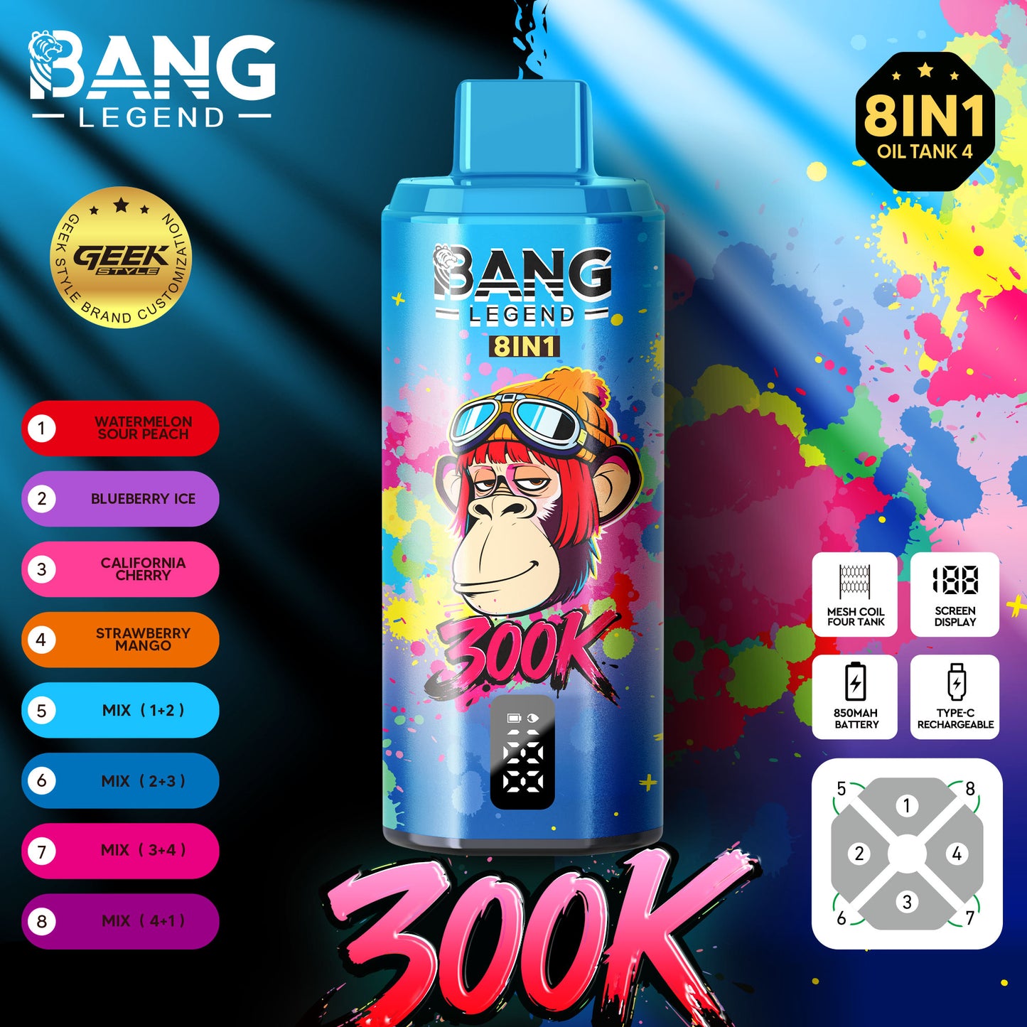 BANG LEGEND 8in1 300K(300000) PUFFS ⑫スイカサワーピーチ/ブルーベリーアイス/カリフォルニアチェリー/ストロベリーマンゴー