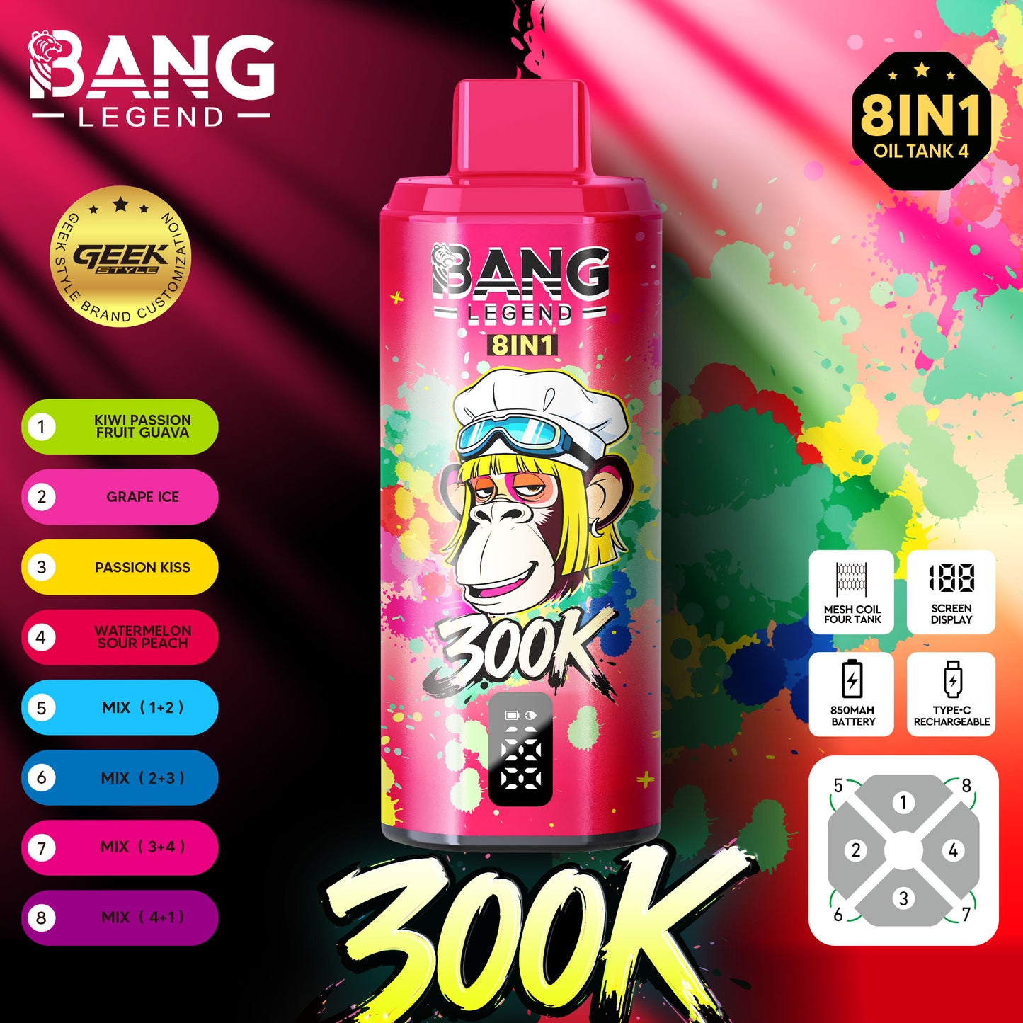 BANG LEGEND 8in1 300K(300000) PUFFS ⑦キウイパッションフルーツグアバ/グレープアイス/パッションキス/スイカサワーピーチ