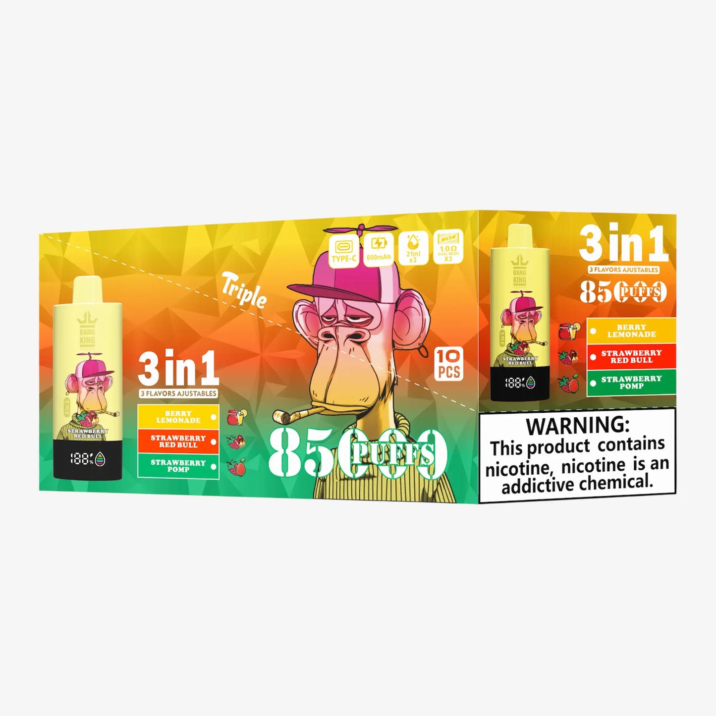 BANG KING VAPEN 3in1 85000 PUFFS 12 ストロベリーレッドブル（Strawberry Red Bull）3フレーバー切替