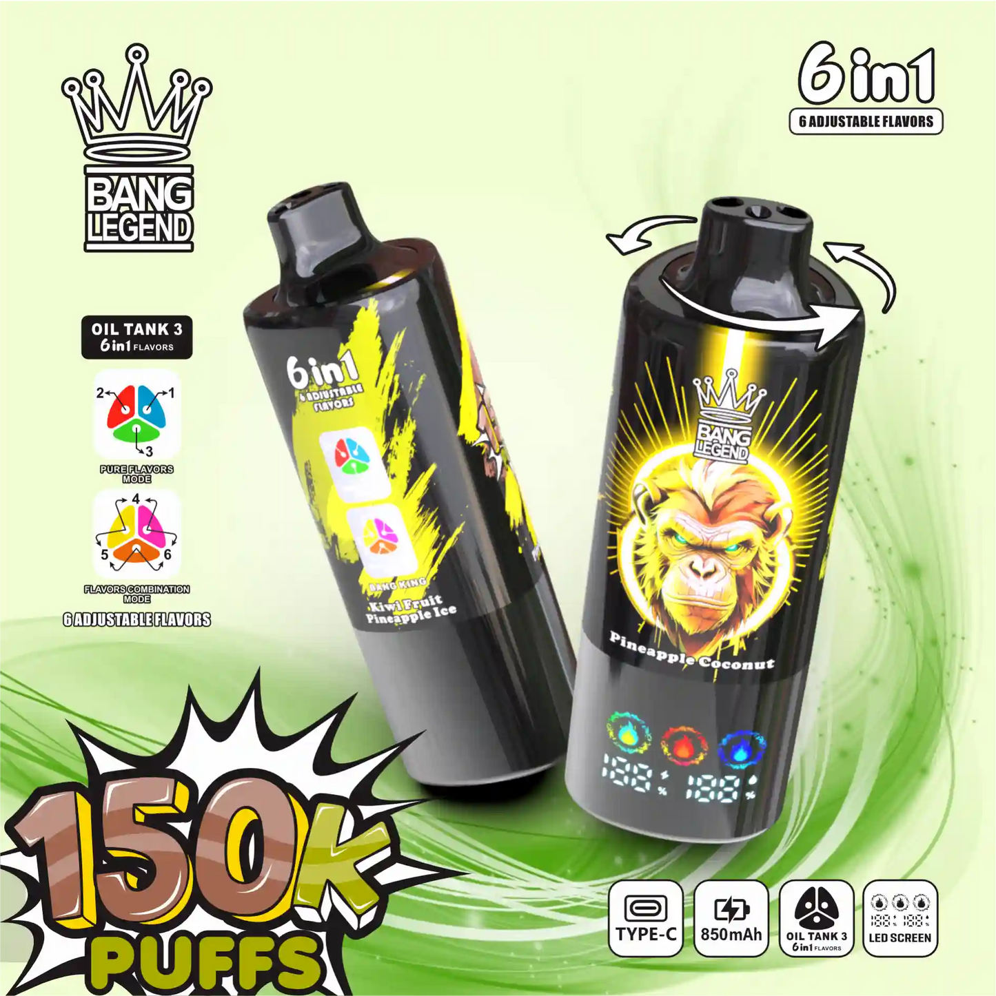 BANG LEGEND 6in1 150K(150000) PUFFS　②パイナップルアイス/パイナップルココナッツ/キウイパイナップルアイス