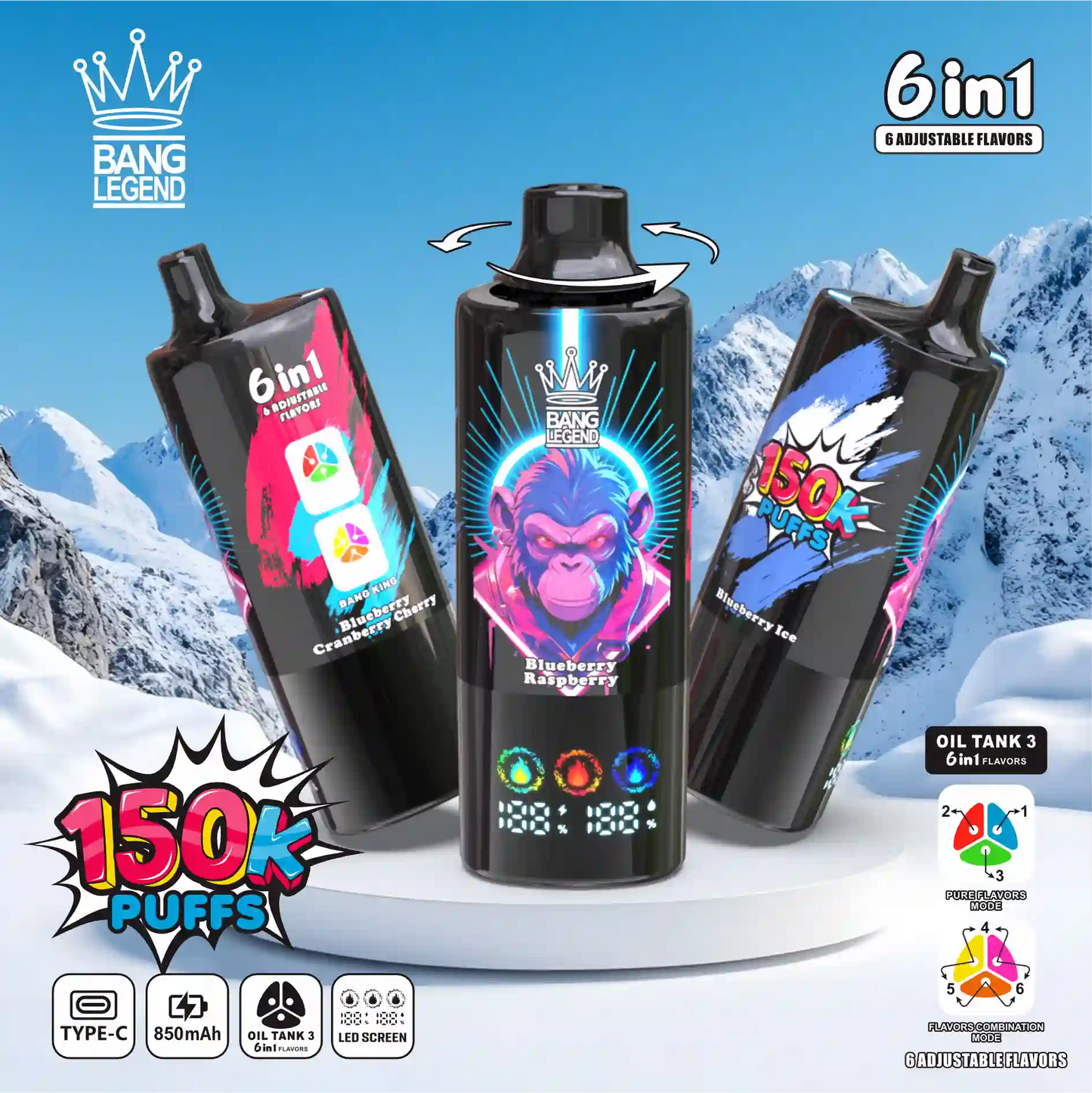 BANG LEGEND 6in1 150K(150000) PUFFS　⑤ブルーベリーアイス/ブルーベリーラズベリー/ブルーベリークランベリーチェリー