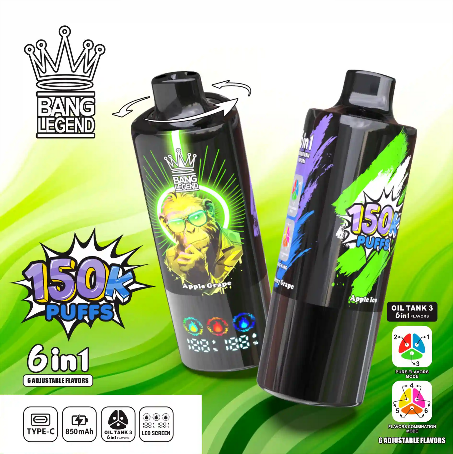 BANG LEGEND 6in1 150K(150000) PUFFS　⑦アップルアイス/アップルグレープ/ブルーベリーグレープ