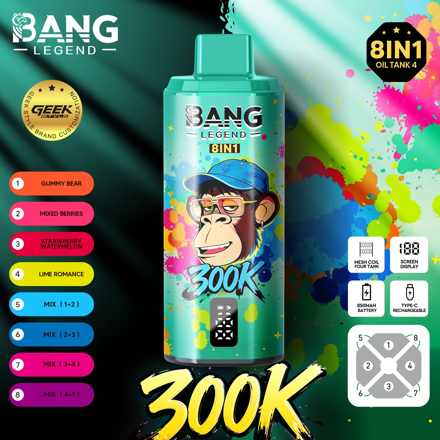 BANG LEGEND 8in1 300K(300000) PUFFS　⑩グミベア/ミックスベリー/ストロベリースイカ/ライムロマンス