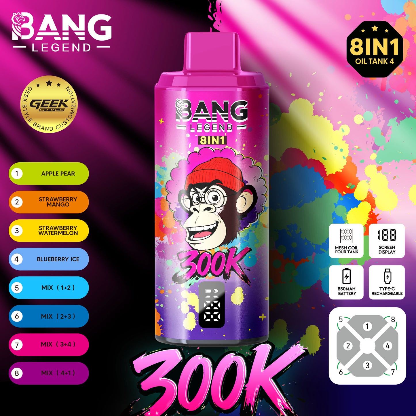 BANG LEGEND 8in1 300K(300000) PUFFS　④アップルペア/ストロベリーマンゴー/ストロベリースイカ/ブルーベリーアイス