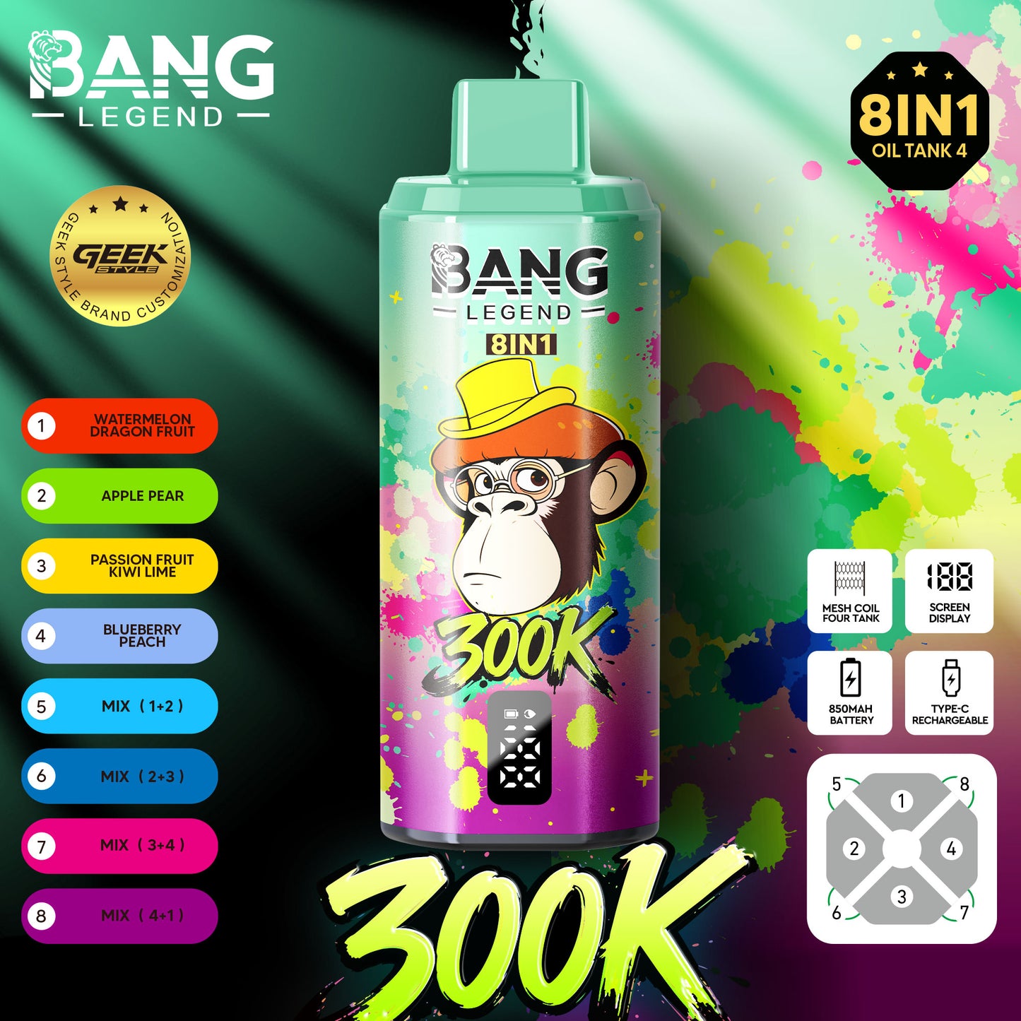 BANG LEGEND 8in1 300K(300000) PUFFS　⑧スイカドラゴンフルーツ/アップルペア/パッションフルーツキウイライム/ブルーベリーピーチ